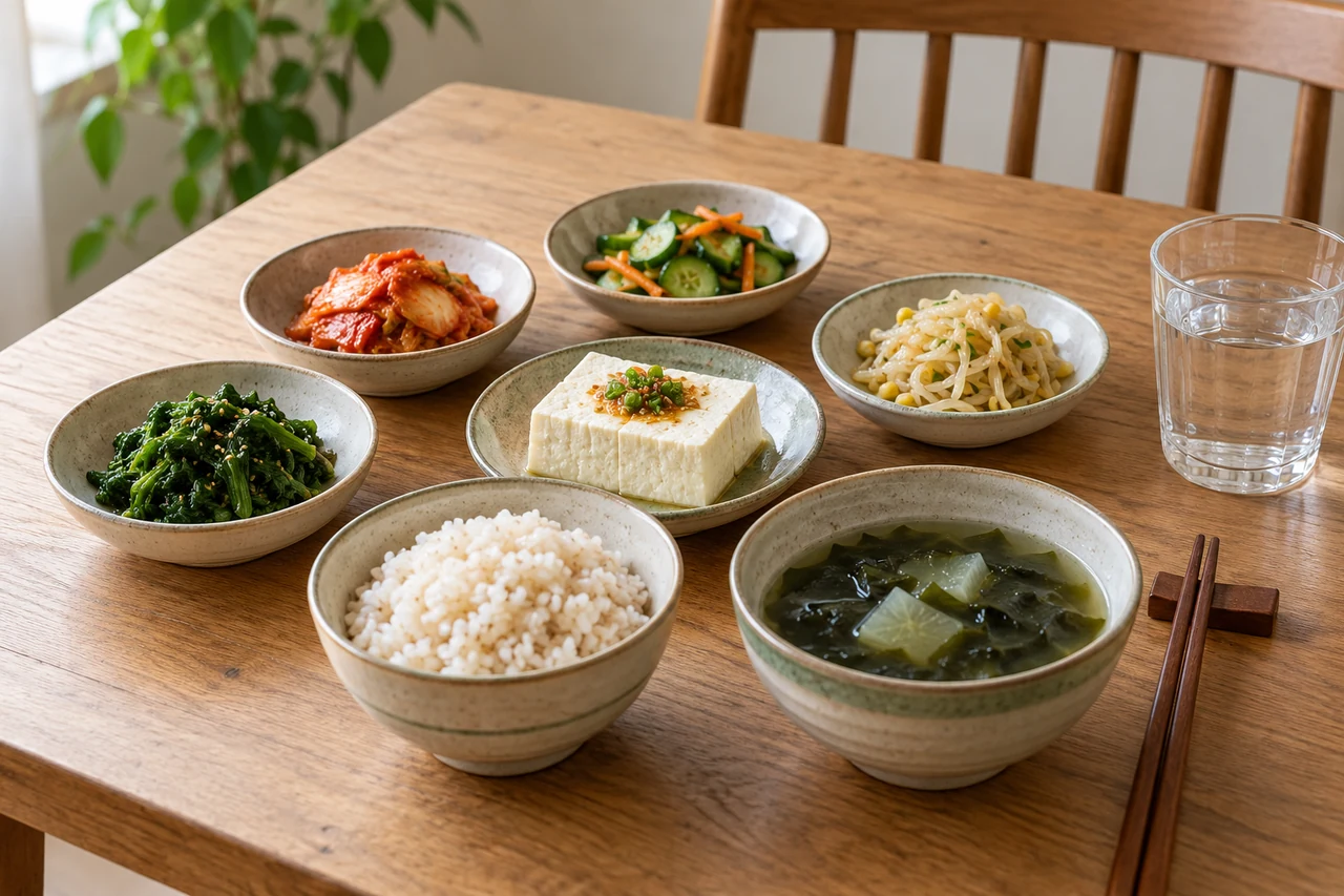 밥과 두부, 여러 채소 반찬, 물을 곁들인 소박한 집밥 한 끼 — AI 연출 이미지