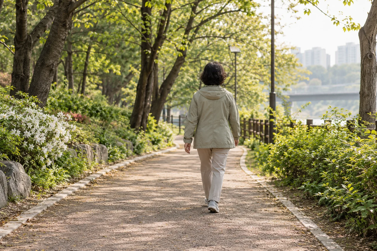나무가 있는 공원 산책길을 편안하게 걷는 뒷모습 — AI 연출 이미지