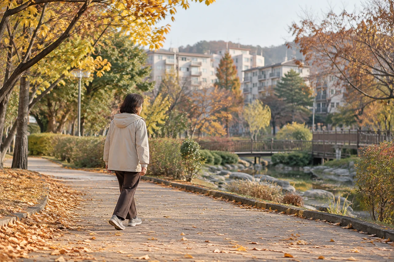 가을 동네 공원에서 편안한 옷차림으로 천천히 걷는 성인 — AI 연출 이미지